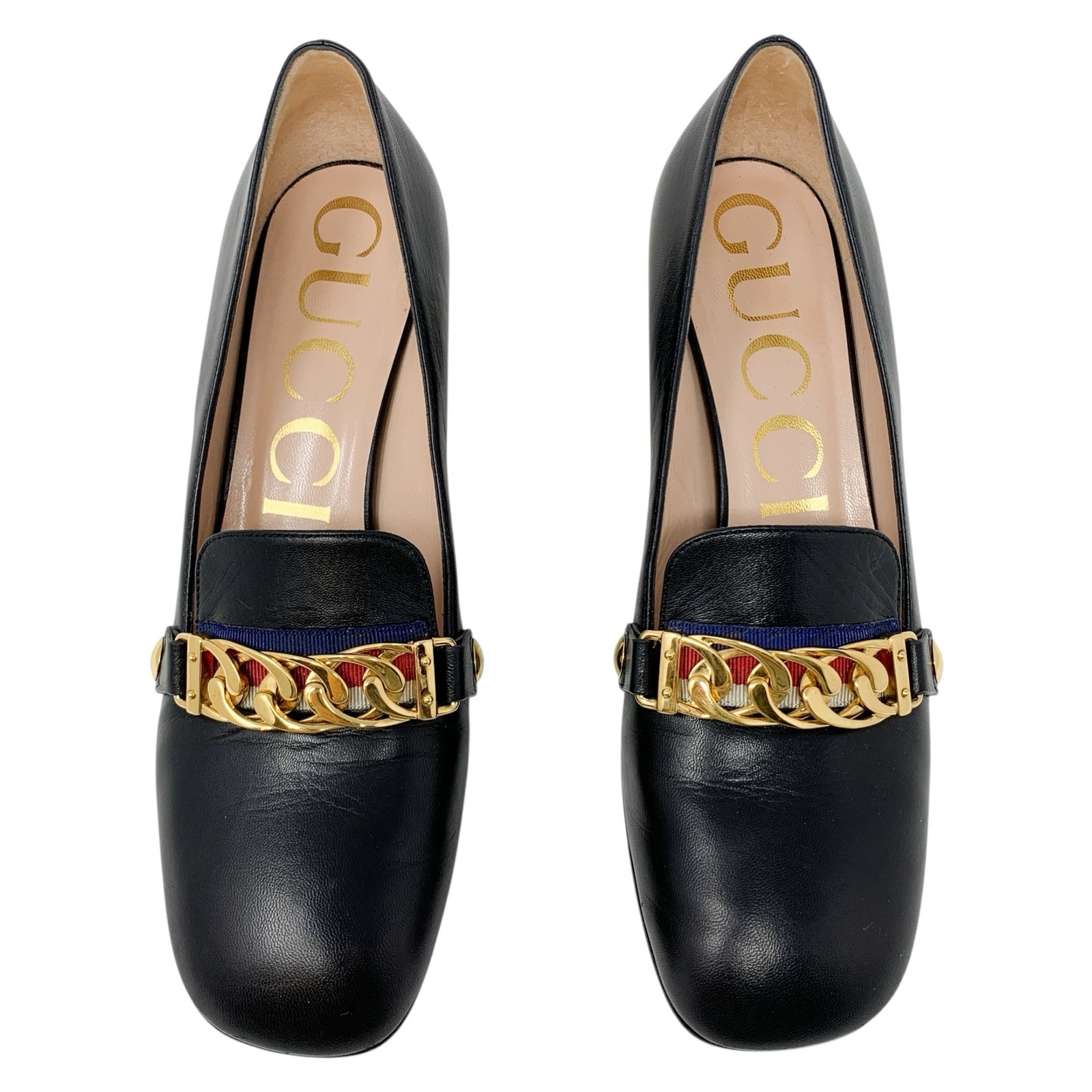 Gucci Sylvie Chain Black Leather Block Heel Pumps Eu 37.5